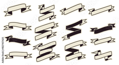 Set of hand-drawn vintage ribbon banners in black and cream, perfect for retro-style headings, labels, and decorative designs.