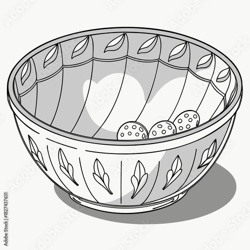 Decorative ceramic bowl with three small round objects inside and leaf pattern on the exterior surface