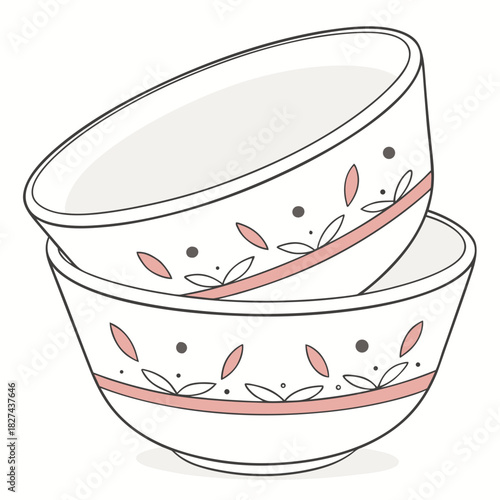 Two white ceramic bowls with a delicate pink floral pattern and dark gray dots stacked neatly together