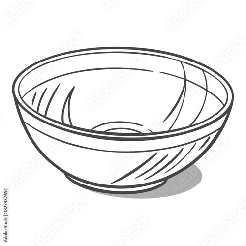 Simple hand drawn outline of a clean empty ceramic bowl with a subtle shadow on a white background