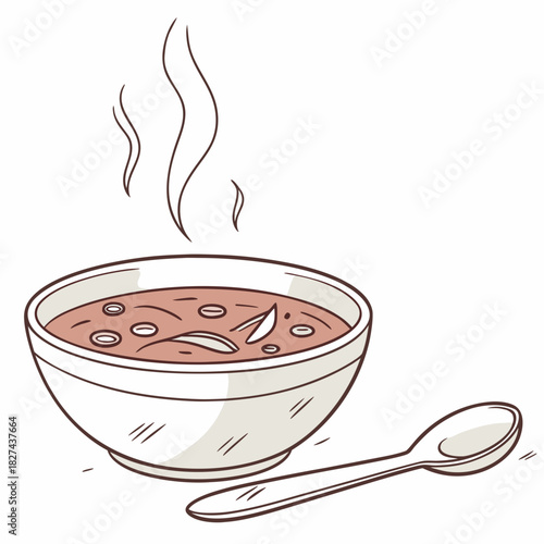 A steaming bowl of hearty soup with visible ingredients and a spoon resting beside it on a white background