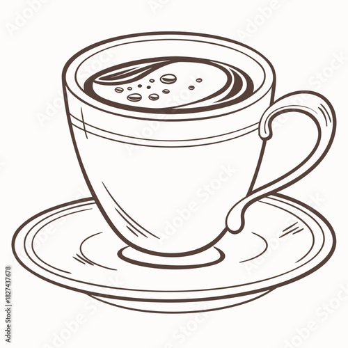 Simple hand drawn line art illustration of a steaming cup of coffee or tea with bubbles on a saucer