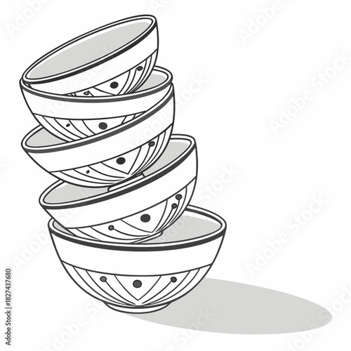 A stack of four decorative ceramic bowls with geometric patterns and dots in a simple black and white illustration