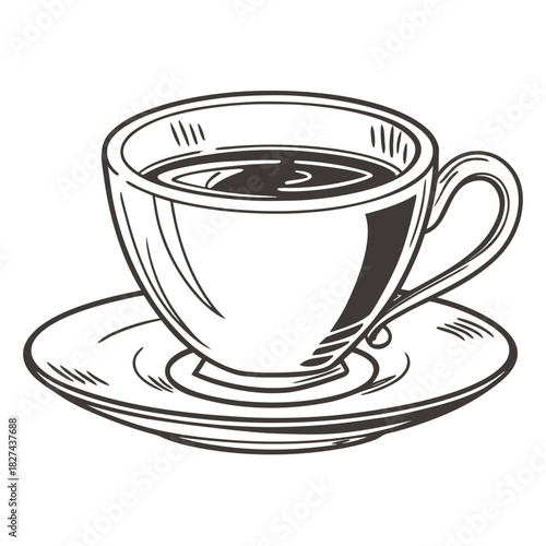 A simple black and white line drawing illustration of a classic coffee cup with a handle and saucer filled with dark liquid