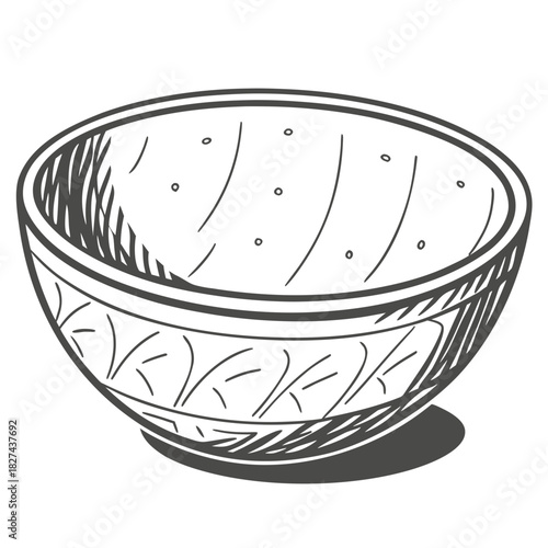 Hand drawn sketch of a decorative ceramic bowl with intricate patterns and a subtle shadow on a white background