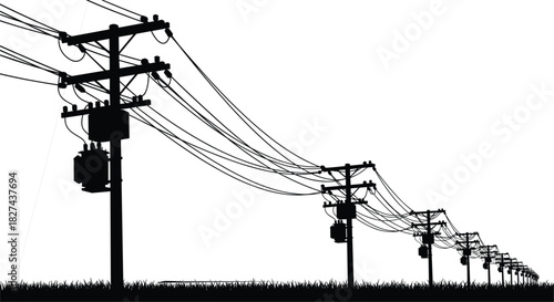 Black silhouette of utility poles with transformers and wires against white power line electricity