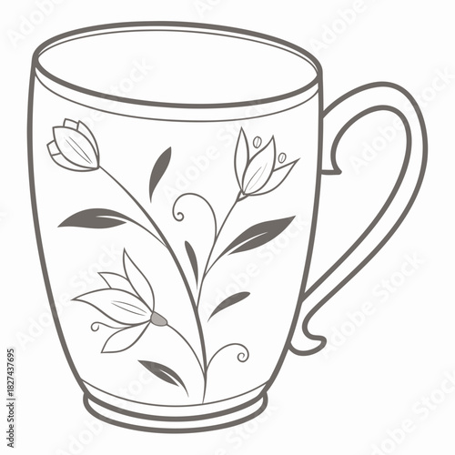 Elegant ceramic mug with delicate floral vine pattern in a simple outline drawing style