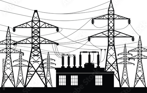 Black silhouette of power lines and electrical substation against white background electricity