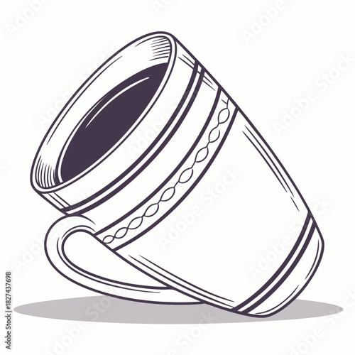 Stylized hand drawn sketch of a tilted coffee mug filled with dark liquid and decorative bands on a white background