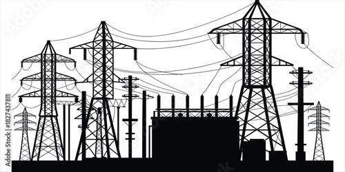 Black silhouette of power transmission towers and electrical substation equipment power lines