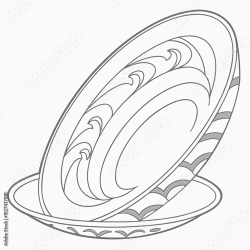 Elegant outline illustration of a decorative plate with a swirling wave pattern and striped rim on a white background