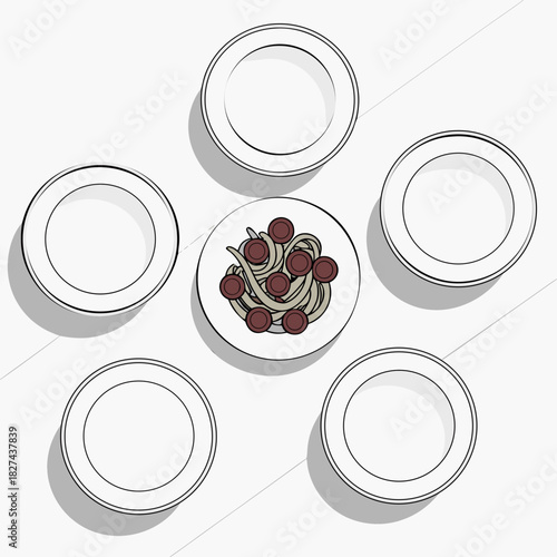 Top view of a single serving of spaghetti with meatballs surrounded by empty plates for a group meal