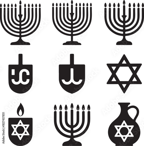 Hanukkah Symbols Collection Black and White Vector Illustration Elements