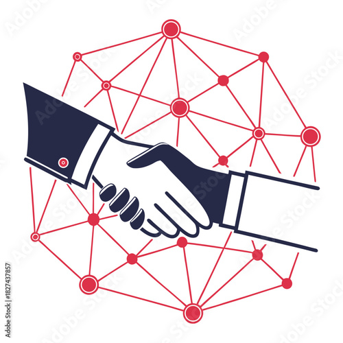 Business handshake symbolizing agreement and partnership within a digital network connection structure