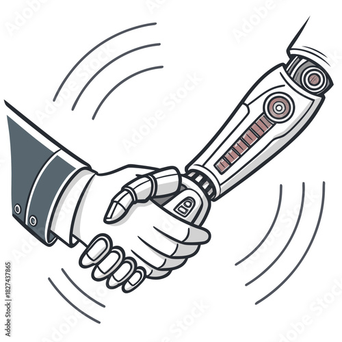 Human and robot shaking hands symbolizing partnership collaboration and the future of artificial intelligence technology