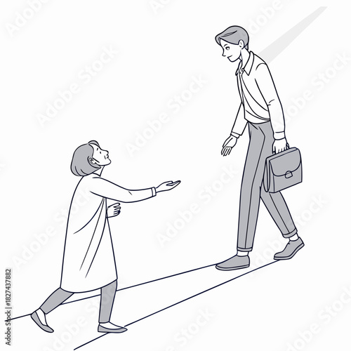 A woman reaching out for help as a man with a briefcase walks away on a narrow path