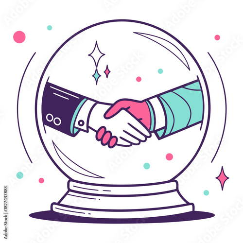 Business partnership handshake inside a crystal ball symbolizing future success and collaboration in a stylized illustration