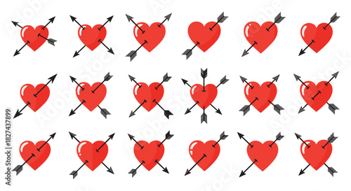 Collection of red hearts pierced by one or more cupid's arrows, symbolizing love and romance for Valentine's Day designs.