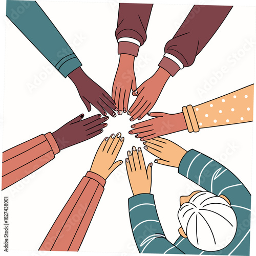 Diverse group of people with different skin tones joining hands together in a circle symbolizing unity and teamwork