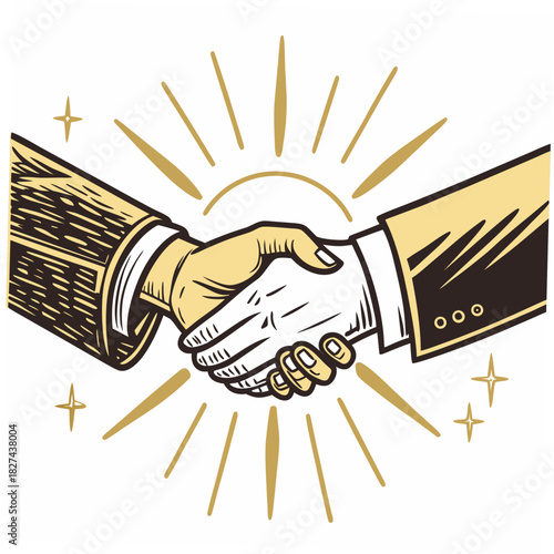 Two business people in suits shaking hands with a sunburst and stars symbolizing success and partnership
