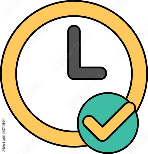 Flat Design Time Management Checkmark Icon with Clock and Approval Symbol