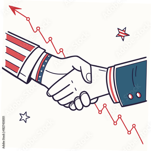Symbolic illustration of a handshake between two hands wearing american flag themed attire with a red graph indicating economic trends