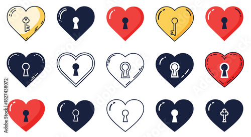 Set of heart and key icons, including hearts with keyholes, symbolizing locked love, secrets, and finding the right person.