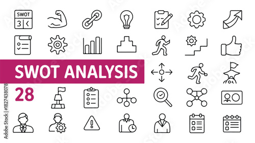 Professional minimalist line icons for business strategy, SWOT analysis, corporate planning, project management, and data analytics presentations