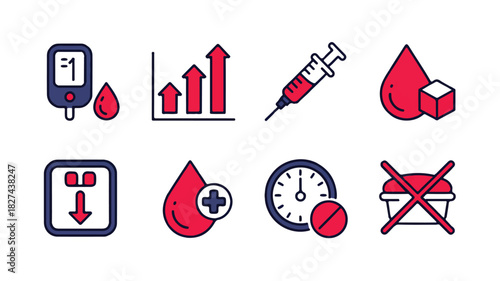 Set of medical icons for diabetes and blood glucose monitoring, featuring symbols for insulin, diet, weight, and medication