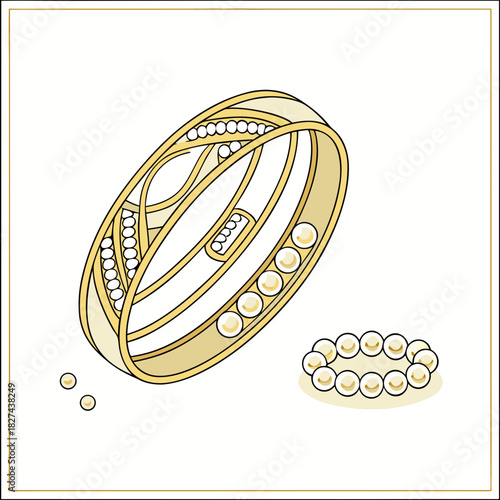 Elegant gold ring adorned with lustrous pearls and a delicate pearl bracelet with loose pearls nearby