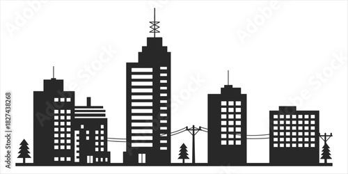 Black silhouette of city skyline with trees and power lines white