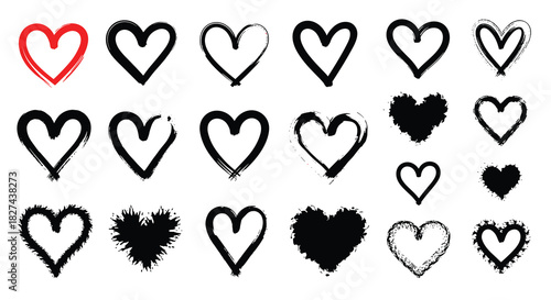 Set of grunge hearts hand-painted with rough brush strokes and ink splatters, in a bold black and red color palette.