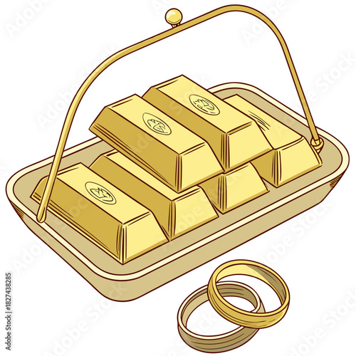 A basket filled with shiny gold bars and two gold rings symbolizing wealth and precious assets