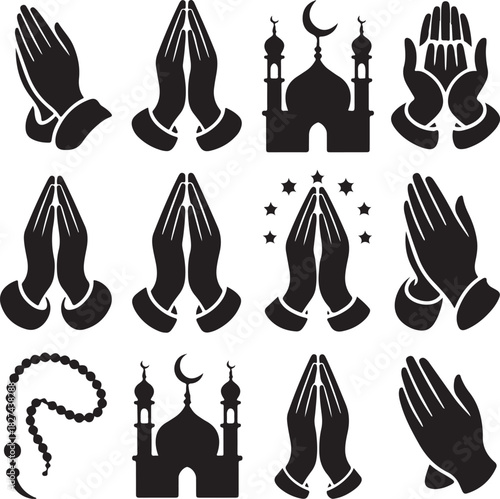 Islamic Prayer Symbol Collection featuring Hands Mosque and Rosary vector art
