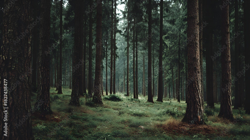 Naklejka premium Lush Green Forest Floor Amidst Towering Pine Trees on a Misty Morning.