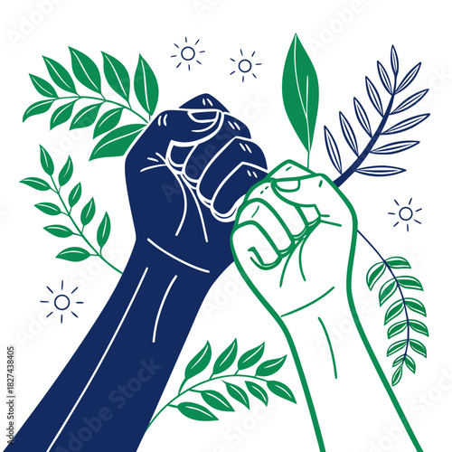 Two raised fists one blue one green symbolizing unity and environmental activism surrounded by leaves and suns