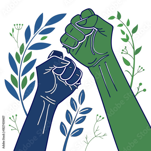 Two fists raised in unity and solidarity representing strength and hope surrounded by greenery