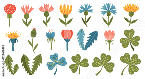 Charming collection of hand-drawn meadow flowers and clover leaves in a rustic, textured style for spring and nature designs.