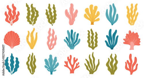 Colorful collection of stylized seaweed, algae, and coral illustrations in a simple, flat design for underwater and marine themes.