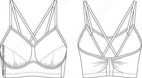 Bra technical flat sketch, fashion CAD drawing, vector illustration lingerie design, structured cups, crisscross straps, underband support template