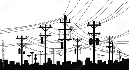 Black silhouette of telephone poles and power lines against a white sky electricity utility pole