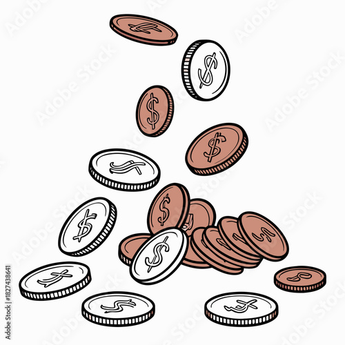 Illustration of copper and silver coins with dollar signs and currency symbols falling and accumulating in a pile