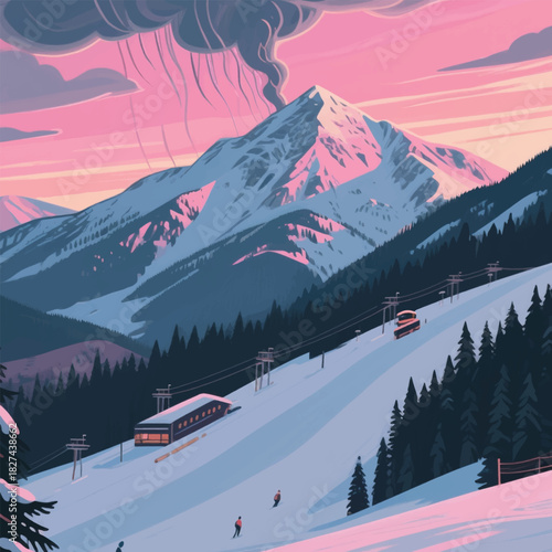 Snow Mountain Forest View Illustrator Artwork Banner Background Design Template 