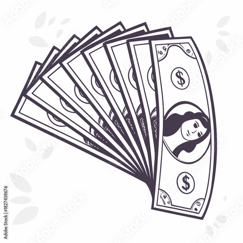 A fan of purple dollar bills with a woman s portrait and dollar signs on a white background with subtle leaf shapes