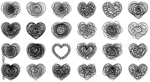 Set of hand-drawn hearts using a continuous tangled and scribbled line, creating messy and chaotic abstract love symbols.
