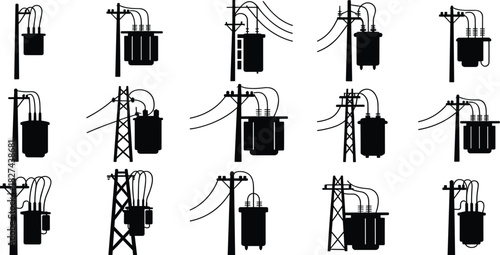 Collection of black silhouette electrical transformers on poles and towers power pole utility pole