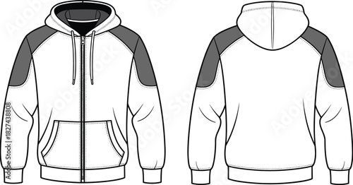 Hooded sweatshirt CAD drawing, front and back view zip up hoodie fashion flat vector illustration for apparel technical design template