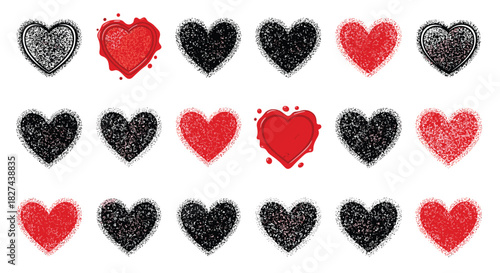 Collection of grunge hearts with a rough, sandy texture and red wax seal designs for a vintage and stamped effect.