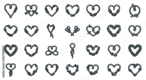 Collection of hearts made from twisted and knotted barbed wire, creating a tough, edgy, and protected love symbol.