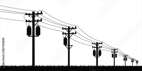Black silhouette of power poles with transformers and wires against white sky electricity